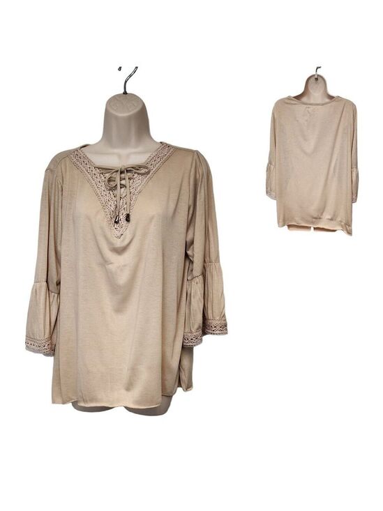 New York Laundry Tops - New York Laundry Loose Fit Blouse 3/4 Bell Sleeve Lace Accent Sz M Color Beige